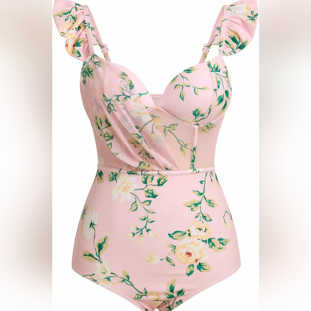 Floral Pink Mesh One Piece Ruffle Swimsuit